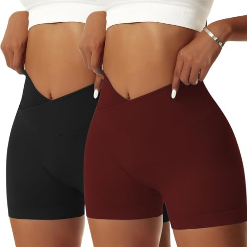 Vertvie Damen Gym Shorts V Cross Stretch Push Up Yoga Shorts Booty Scrunch Fitness Hosen Kurz High Waist Nahtlos Workout Sportshorts Butt Lift Kurze Leggings Sommer (Schwarz/Ziegelrot, S)