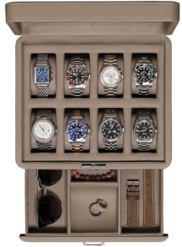 ROTHWELL Luxus Uhrenbox für 8 Uhren - Uhrenschatulle aus Kunstleder mit Echtglasdeckel - Schiebeschublade für Zubehör mit mehreren Fächern (Mocha)