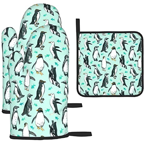 Ofenhandschuhe und Topflappen, Motiv: niedliche Pinguine, hitzebeständig, wasserdicht, zum Kochen, Backen, Grillen, 3 Stück