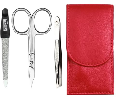 Sonnenschein by Hans Kniebes - Maniküre Set 3 teilig - Nagelschere, Nagelfeile und Pinzette - Taschenmaniküre Nagelpflegeset - Nappa-Lammleder Manicure Etui (Rot)