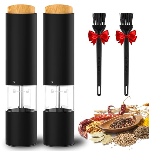 Electric Salt and Pepper Grinder Set of 2, Automatic Operation Salt Pepper Mill Sets with Adjustable Coarseness, Battery Powered, LED Light, One Hand Operation-Black