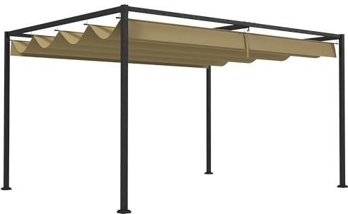 Outsunny 4 x 3(m) Metal Outdoor Pergola with Retractable Roof, Outdoor Gazebo Canopy Shelter with Drainage Holes for Garden, Patio, Lawn, Khaki