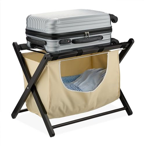 Relaxdays Porte-Bagage, Pliable, Bois, HxLxP: 52x68x47 cm, Repose-Valise & panière à Linge, pour hôtel, Noir - Beige