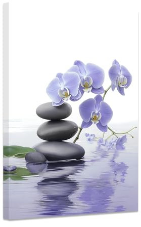 ZXHYWYM Zen Leinwand Wanddekoration lila Blumen Wandbilder Stein Orchideen Kunstdruck Spa Badezimmer Kunstwerk für Yoga spirituelles Büro Zuhause mit Rahmen (D (50.00 x 75.00 cms))