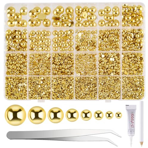 NACHLYNN 12000 Stück Goldfarbene Halbkreisförmige ABS-Perlen für DIY-Schmuck, Dekoration und Basteln von Handyhüllen, Schuhen, Taschen, etc.