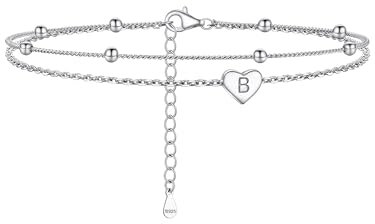 PROSILVER Chaîne de Cheville Coeur Femme Argent, Bracelet Cheville Femme Double Chaîne Pendante Lettre B