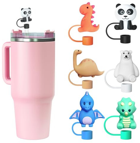 6pcs Animal Cute Silicone Straw Cover Caps for Stanley Cup Straw Topper fit 30&40 Oz Tumbler with Handle 10mm 0.4in Straw Protectors Cup Accessories