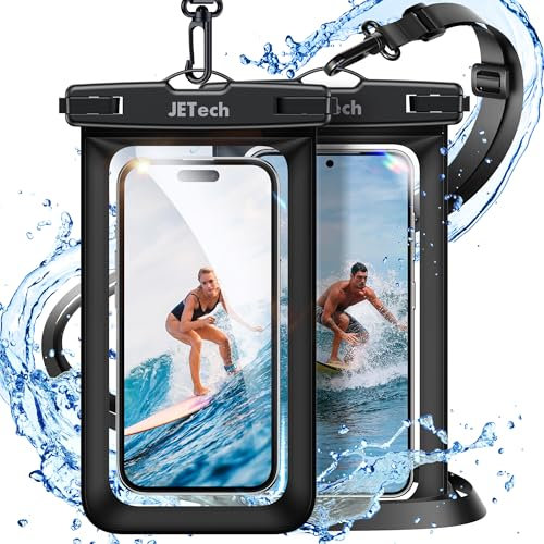 JETech Pochette Étanche pour Téléphone, Lot de 2 Coque pour iPhone 16e 16 15 14 13 Pro Max Plus, pour Samsung Galaxy S25 S24 Ultra et Autres Jusqu'à 7,2 Pouces, avec Lanière (Noir+Noir)