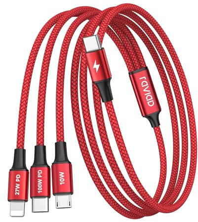 RAVIAD 100W USB C Multi Kabel [1.2M] 3 in 1 Ladekabel Mit E-Mark Chip Schnellladekabel für iPhone 15/14, Galaxy S24/S23, MacBook Pro, Pad - Rot