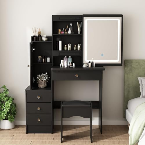 PREMTURE Dressing Table & Stool Set with Sliding LED Lights Mirror, 90W x 40D x 135H cm Makeup Table with Ottoman & 4 Drawers, Large Storage Space Vanity Desk for Bedroom Furniture (Black/LED)