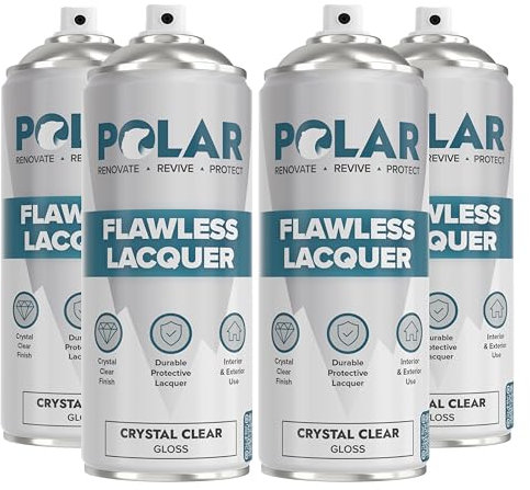 Polar Flawless Clear Lacquer Spray - 4 x 400ml - Gloss Finish - Non-Yellowing & Scratch Resistant - Interior & Exterior Surfaces for Wood, Metal, Plastics, Glass & Ceramics