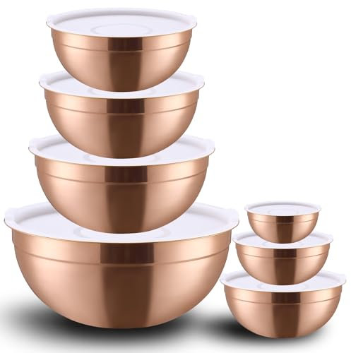 LKTDYMEG Rose Gold Mixing Bowls with Lids Set of 7, Stainless Steel Nesting Bowl with Khaki Lid for Non-slip Mixing Prepping Storing Serving, 7 Sizes-7/3.6/2.7/2.1/1.5/1/0.8 QT