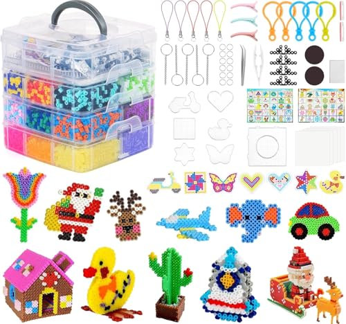 adorbox 14900 Fuse Beads Kit,30 Colors 5mm Iron Beads for Kids with 4-Tier Transparent Storage Box,Melty Beads Set with 7 Pegboards,5 Ironing Paper,120 Pattern,2 Tweezers and 28 Accessory DIY Making