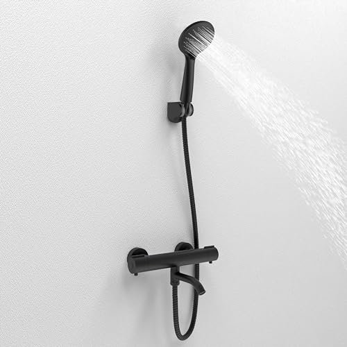 Huithroom Thermostatic Shower Mixer Valve, Wall Mounted Bath Shower Mixer Tap Valve with Temperature Control and Hand Shower, Modern Matte Black Shower Bar Mixer with Bottom G 1/2, Anti Scald