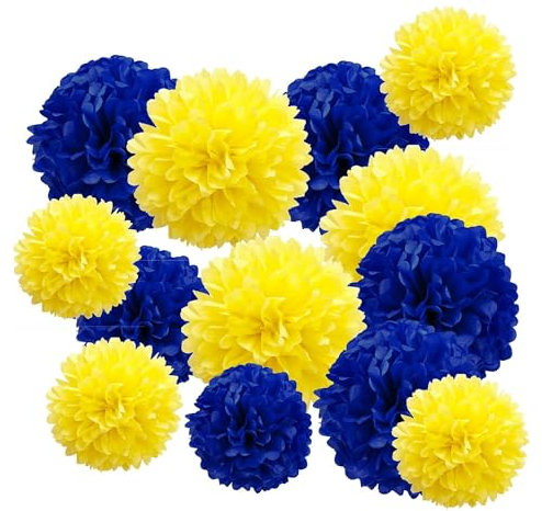Navy Blue and Yellow Tissue Paper Pom Poms Hanging Party Decorations for Birthday Wedding (12pcs)