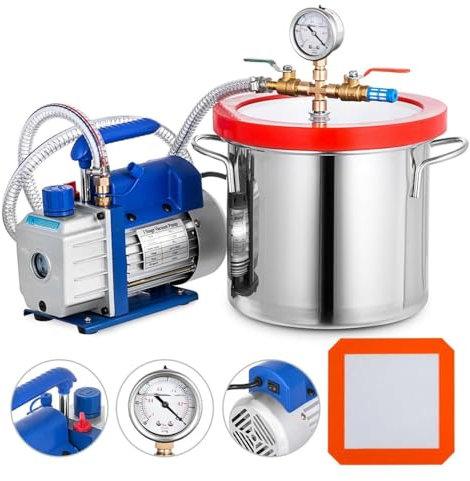 DPLXFPP Vacuum pump with vacuum barrel, Resin degassing AB glue Silicone degassing 1.5/2/3/5 Gallon Vacuum Degassing Chambers 5 CFM Single-Stage Vacuum Chamber Degassing Refrigerant Kit,20L/5Gal