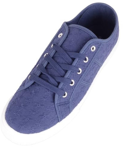 Womens Canvas Floral Lace Up Pumps Trainers with Platform Sole - Navy - UK 6