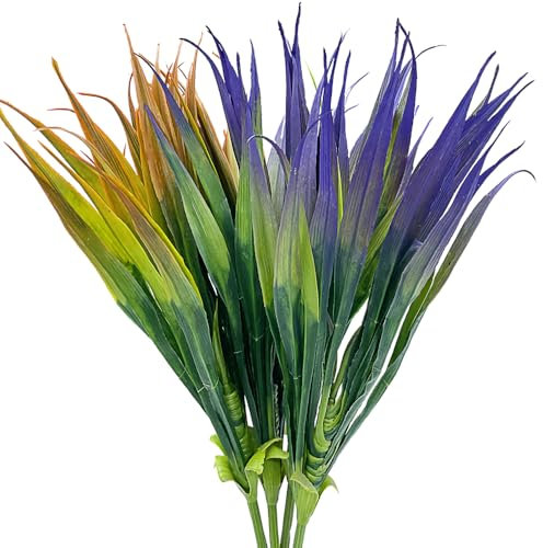 Kingrun 6Pcs Artificial Grass Plants 16 in Fake Stems Plants Outdoor UV Resistant Greenery Faux Grass for Fall Home Garden Patio Porch Decor Thanksgiving Halloween Décor (Yellow + Purple)