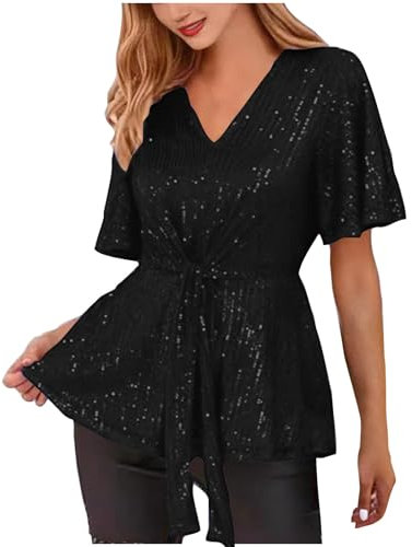 Generic Women's Sparkly Peplum Tunic Top - Black, Size L, V-Neck, Short Sleeve, Holiday Occasion, Lightweight, Stretchy, Versatile