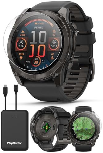 Garmin Fenix 8 AMOLED Sapphire (51 mm, gris carbón DLC Titanium) Multisport GPS Smartwatch Bundle – Pantalla táctil de 1.4 pulgadas, linterna LED integrada con cargador PlayBetter y protectores de