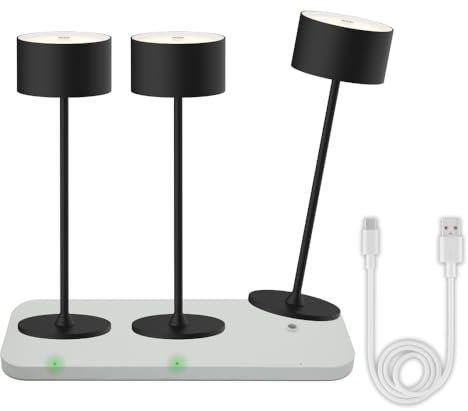 ENOVALITE 3x LED Akku Tischlampe kabellos mit Ladestation und Touch, Dimmbar, Warmweiß Neutralweiß Kaltweiß einstellbar - IP44 Tischleuchte Outdoor wiederaufladbar, Nachttischlampe, schwarz