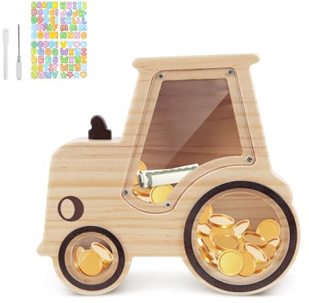 wooshwa Spardose Kinder, Sparschwein Spardosen Sparbüchse für Kinder Sparziel mit Marker & Aufkleber Personalisiert Holz Wiederverwendbare für Mädchen Jungen Kinder - Traktoren