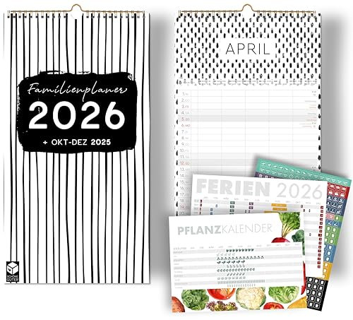Familienplaner 5 Spalten 2026 SCHWARZ WEIß mit Sticker für Recycling Urlaub Ferienübersicht Familienkalender 2026 Wandplaner 23 x 43cm plus Okt-Dez 2025, plus Gemüsekalender, Black and White