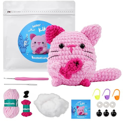 YUMILI Anfänger Häkel Starter Kit, Häkel Set für Anfänger, Tier Häkelpaket Complete Amigurumi Starter Set with Video Tutorials, DIY Crochet Kit for Kids Adults, Gift for Craft Lovers (Katze)
