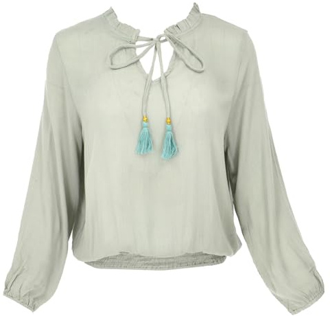 GURU SHOP Schlupfpbluse Boho Chic, Luftige Langarmbluse - Salbei, Damen, Size:M