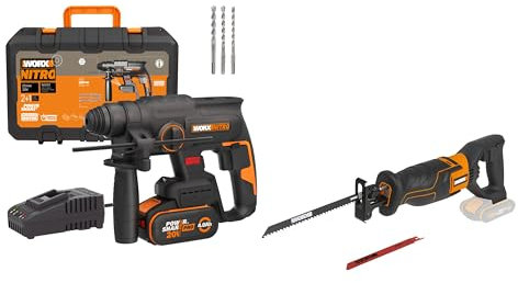 PACK WORX PRO+ Perforateur 20V + Scie Sabre 20V + 1 Batterie 4Ah + Chargeur + Accessoires (Idéal Pour Tous les Projets de Bricolage et de Rénovation)