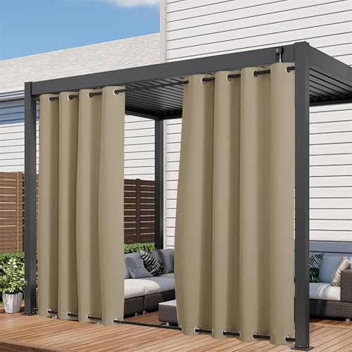 LINGKY Terrasse Vorhänge Blickdicht 2 Stücke Outdoor Gardinen mit Ösen (Oben & Unten) Sichtschutz & Sonnenschutz Balkon Vorhang Wetterfest Outdoorvorhang Wasserdicht, H 213 x B 132 cm, Taupe