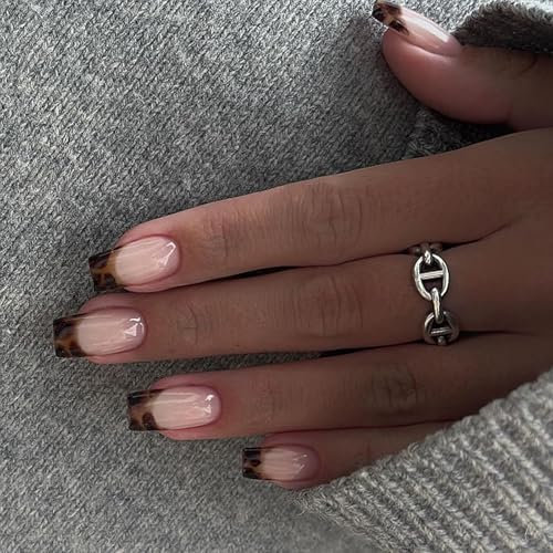 24pcs French False Nails Short - Leopard Print Pattern Stick on Nails - 12 Sizes Square Brown Fake Nails with Glue - Natural Elegant Full Cover False Nails & Accessories for Women Girls