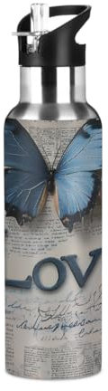 Mexpekil Water Bottle with Straw Stainless Steel, Newspaper Butterfly Love 600ml Insulated Leakproof Thermal Flask for Sports, Gym, Travel (20oz)