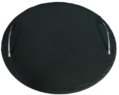 hausleben Schiefertablett Ø 30 cm rund mit 2 Metallgriffen – Käseplatte | Echter Naturstein – Rustikales Servierbrett ideal für Antipasti, Tapas, Fingerfood & Snacks – Stilvoll Anrichten Deko