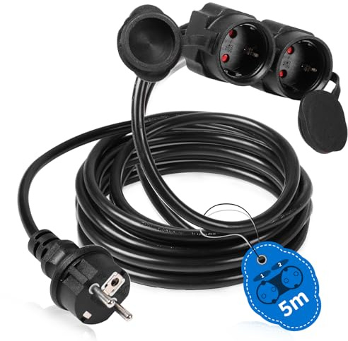 SWAWIS Cavo di Prolunga uso Esterno IP44 5m 3500W Prolunga da Esterno con 2 Prese con Contatti di Protezione Cavo 2 prese Schuko