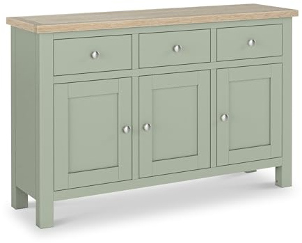 RoselandFurniture Farro Sage Green Large Sideboard for Living Room | Fully Assembled, 3 Door Buffet Cabinet with Washed Oak Top, Painted Finish, Cottagecore Style, H80cm W125cm D36cm