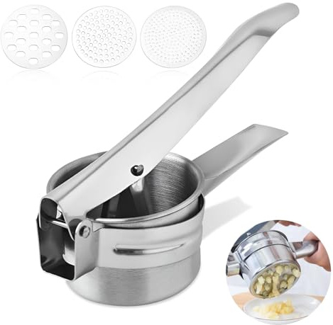 Potato Ricer Masher with 3 Discs, Heavy-Duty Stainless Steel Potato Ricer for Smooth Mashed Potatoes, Vegetable & Fruit Press, Easy-Squeeze Kitchen Tool, Dishwasher Safe