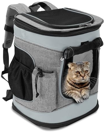 Katzenrucksack Hunderucksack bis 6.8KG, Faltbare Haustier Tragetasche mit Innerer Sicherheitsleine und Matte für Katzen und Hunde, Grau