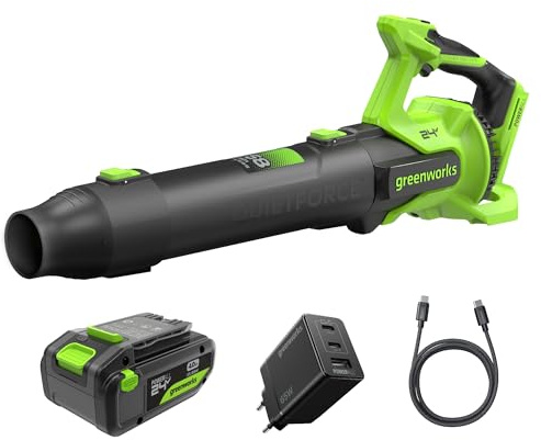 Greenworks 24V Cordless Leaf Blower, Brushless Motor, 14.58 m³/min, 209km/h, QUIETFORCE, Cruise Control, 4Ah USB Battery & 65W USB-C Charger Included BL24515A2
