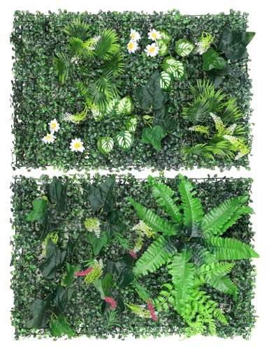 Juego de 2 paneles de plantas artificiales para pared de 60 x 40 cm, seto artificial para balcón y jardín con hojas realistas, plantas artificiales para interior y exterior, decoración de pared para