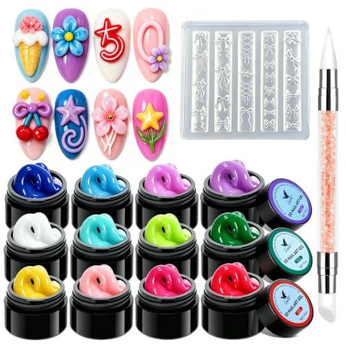 Lot de 12 couleurs de gel à ongles 3D, gel de sculpture avec moule en silicone pour ongles (12 x 5 g)