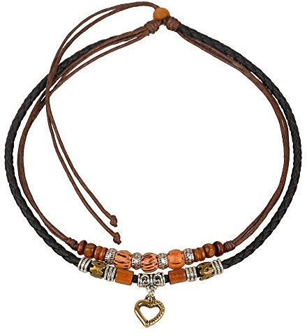 Black Leather Cord Necklace with Gold-Tone Hollow Heart Pendant, Wood and Metal Beads – Boho Chic Jewellery for Women