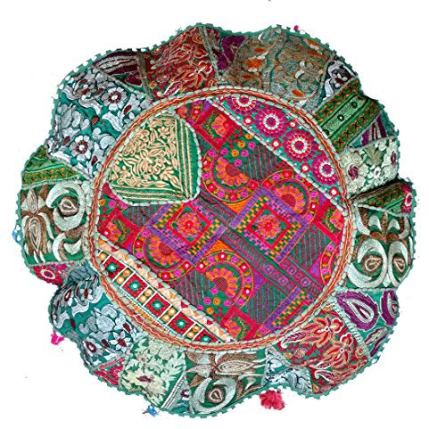 Rastogi Handicrafts Meditationskissen – Indischer Pouf aus Bio-Baumwolle – Old Sari Patch Work Ombre Yoga Decor Kissenbezug Runder Kreis Jeder Raum 70 x 70 cm (Dunkelgrün)