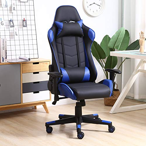 VS Venta-stock Silla Gaming Racer Profesional Azul, con Reposacabeza y Cojín Lumbar (Piel sintética, inclinación y Altura Regulable, reposabrazos Ajustables, reclinable 180º)