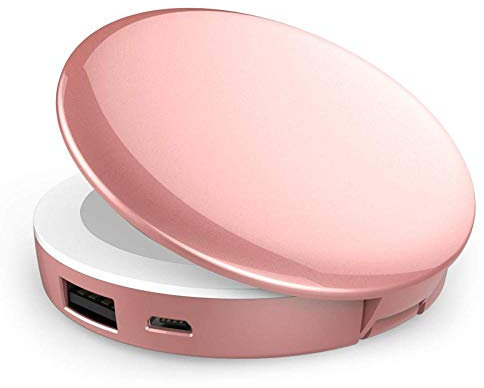 Power Bank Handheld Mini Round Led Mirror 1X/3X Magnifying Lighted, Portable LED Compact Travel Makeup Mirror for Charges iPhones/IPads/Android,Pink