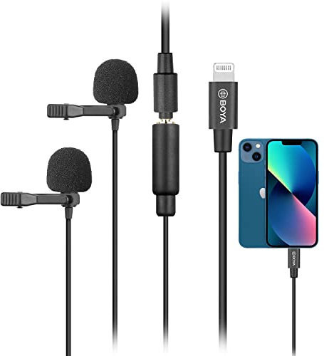 BOYA Double microphone cravate Lightning pour iOS iPhone 11 Vlog, 6 m, BY-M2D, micro universel à revers double tête avec adaptateur de prise Lightning pour iPhone 11, 10 x 8, 7, Mac, YouTube, vidéo,