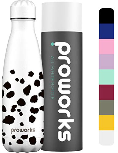 PROWORKS Bouteille d'eau Isotherme, sans BPA, Gourde INOX Reutilisable pour Maintien Chaud de 12 Heures & du Froid Jusqu’à 24 Heures, Sport, Gym, Voyage - 1 Litre - Dalmatienne