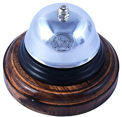 Hind Handicrafts - Campanello da tavolo in ferro antico con base in legno di mango, per cucina, ristorante, ufficio, hotel, bar