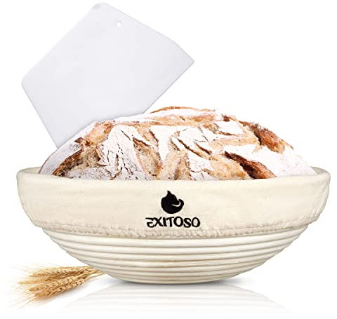 EXITOSO Banetones para Pan Ronda (Ø 25 cm) con Libro de Recetas Electrónico y Espátula Panadero - Cesta de Fermentacion Pan 1 kg de Masa - Banetton para Pan Utensilios para Hacer Pan Casero