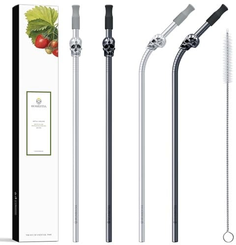 Homestia Stainless Steel Straw, 10.5'' Food Grade Reusable Metal Drinking Straws with 1 Cleaning Brush and Carry Pouch for Smoothie, Milkshake, Cocktail and Hot Drinks (Skull, Set of 4)